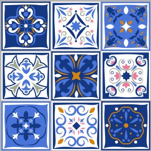 Ceramic tiles vintage patterns. Vector spanish style architecture blue set. Color mosaic arabesque style illustration